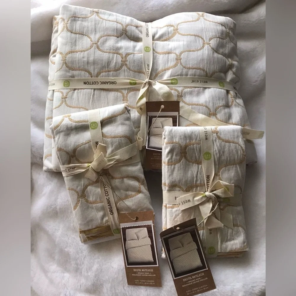 NWT West Elm Organic Bristol Matelasse Queen Duvet Cover & 2 Euro Shams Bedding
